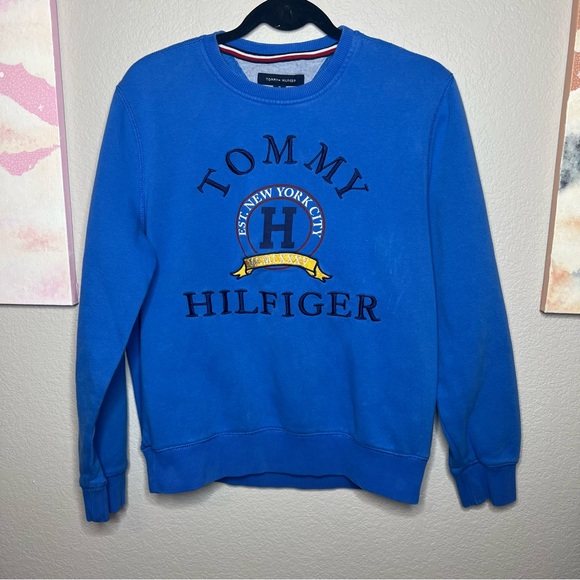 Tommy Hilfiger Unisex Graphic Logo Blue Crewneck Pullover Sweater Medium - Picture 2 of 8